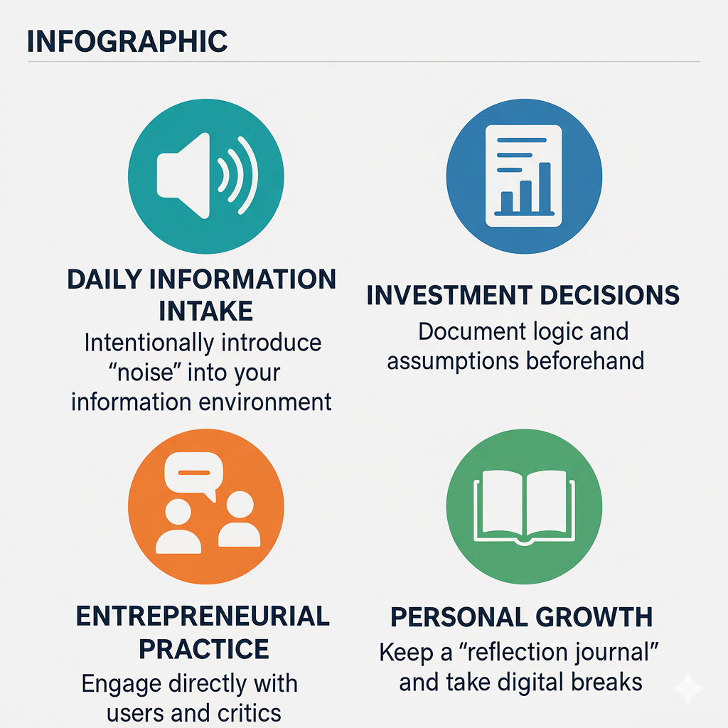 行动反思信息图：日常信息摄取、投资决策、创业实践、个人成长